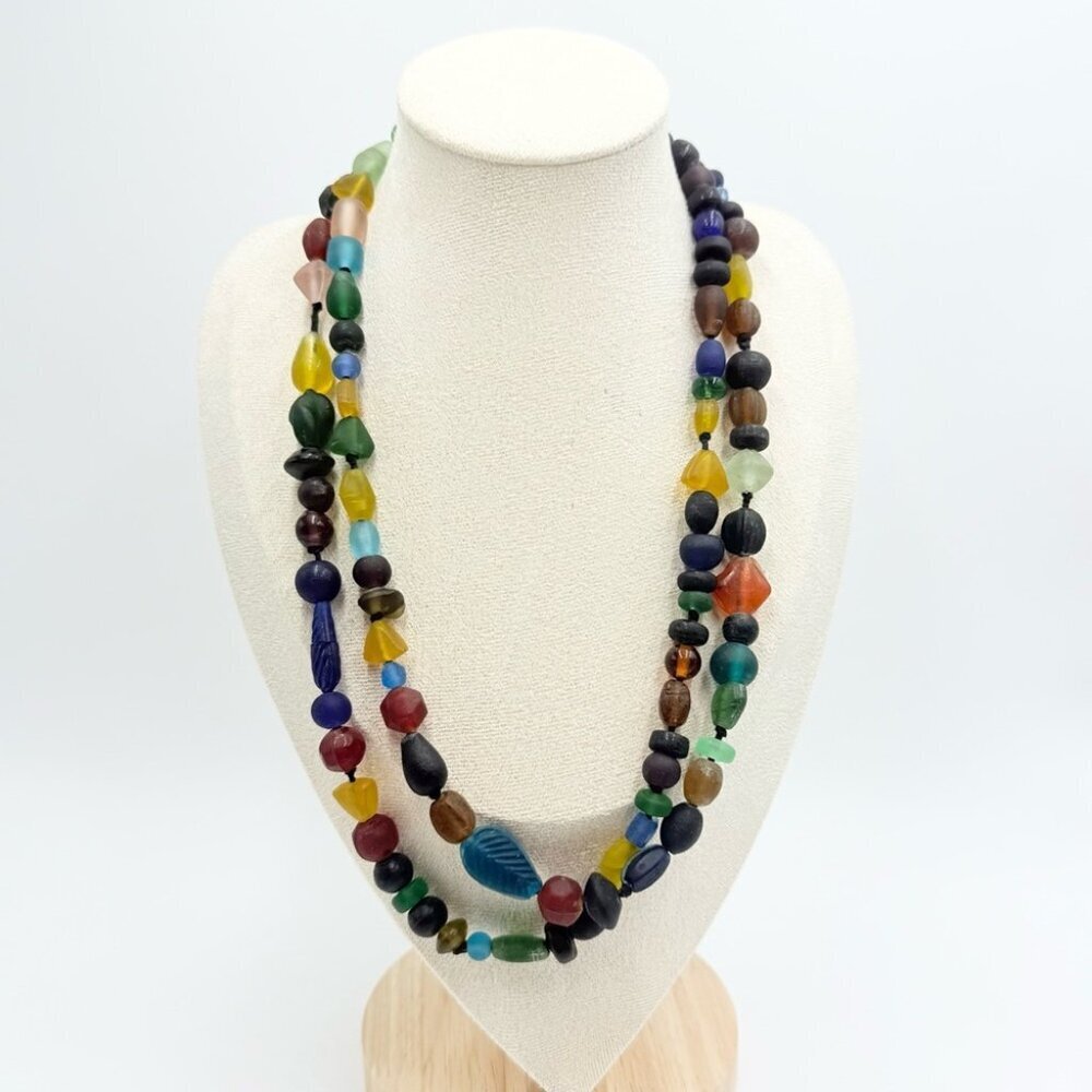 Vintage African Multicolor Glazed Glass Beads Strand Beaded Necklace